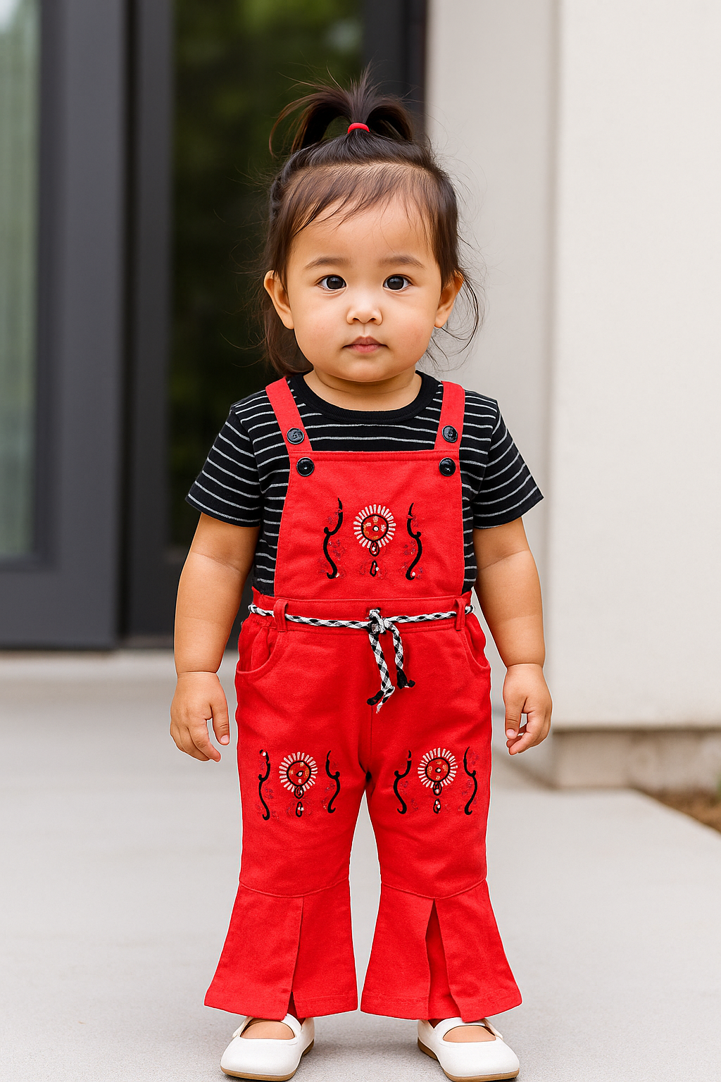 Embroidered Dungaree with Black Striped Tee - 2 pcs girls outfit
