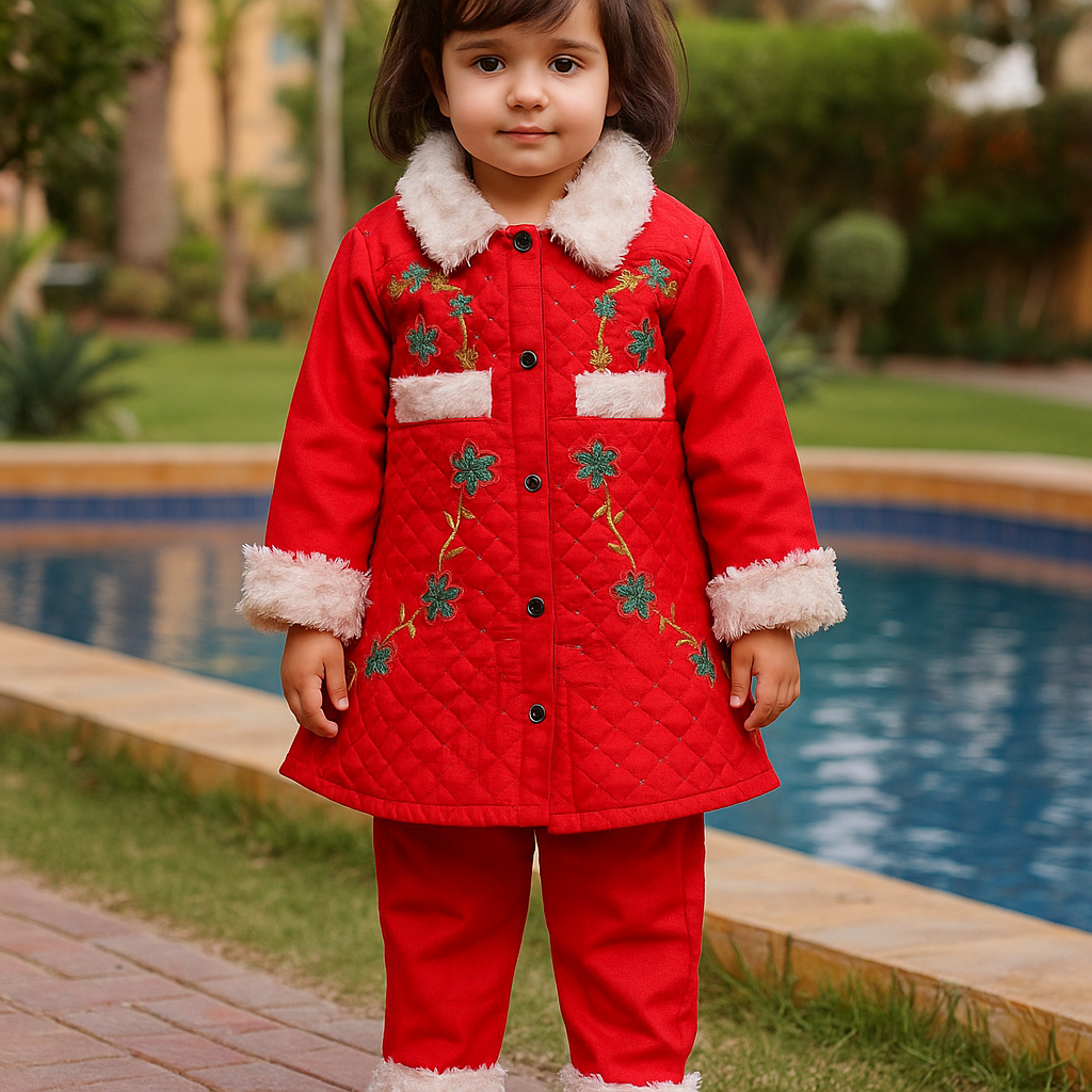 Girls embroided Fur Coat & Pant Set