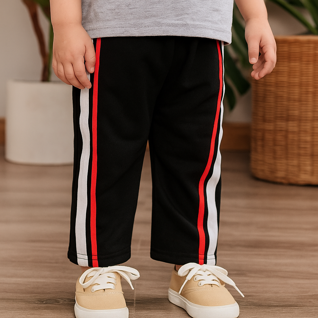 Black Track Pants with Red & White Side Stripes