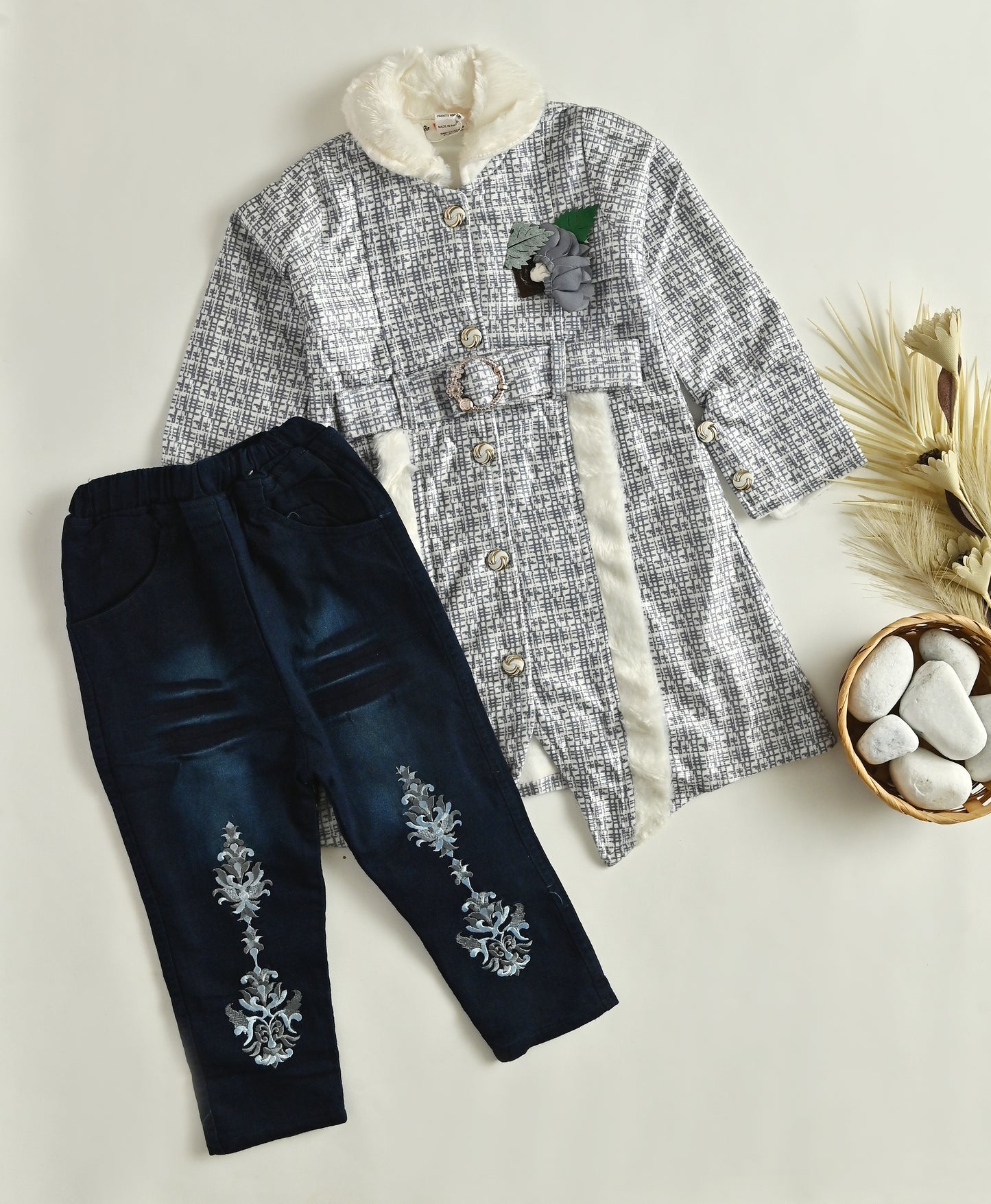 Girls grey Fur Coat & embroided Pant Set