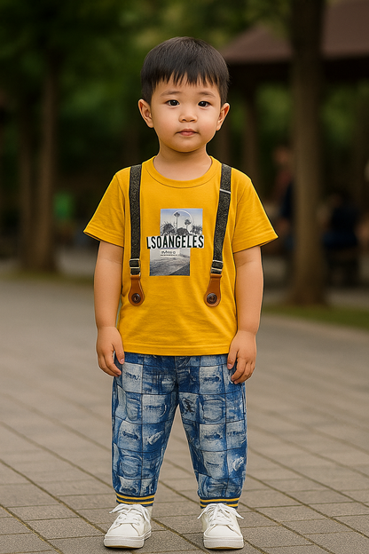 Suspender-Style Graphic T-Shirt & Printed Cotton Pants Set