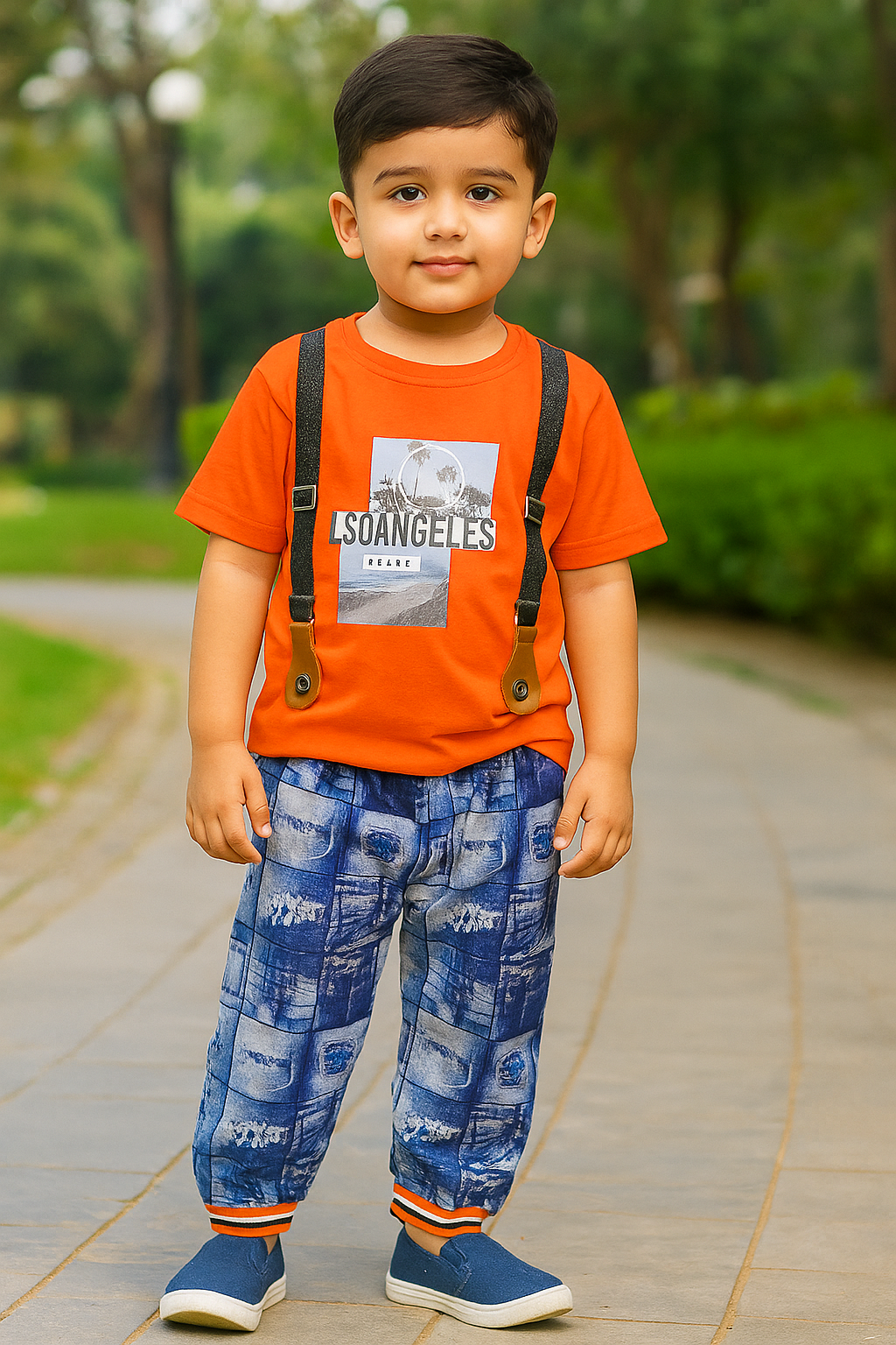 Suspender-Style Graphic T-Shirt & Printed Cotton Pants Set