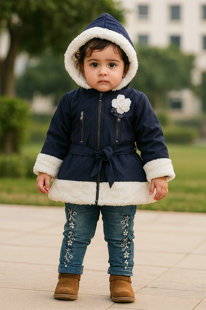 Girls Hooded Fur Coat & Jeans Set