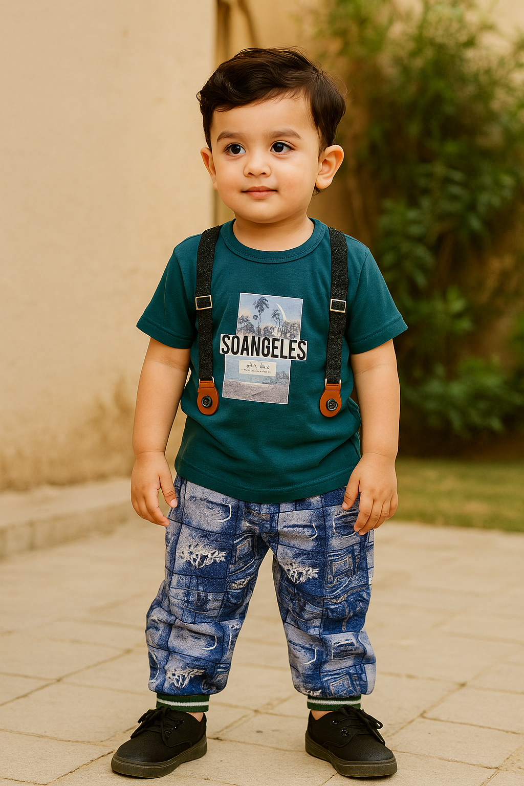 Suspender-Style Graphic T-Shirt & Printed Cotton Pants Set