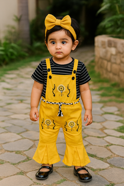 Embroidered Dungaree with Black Striped Tee - 2 pcs girls outfit