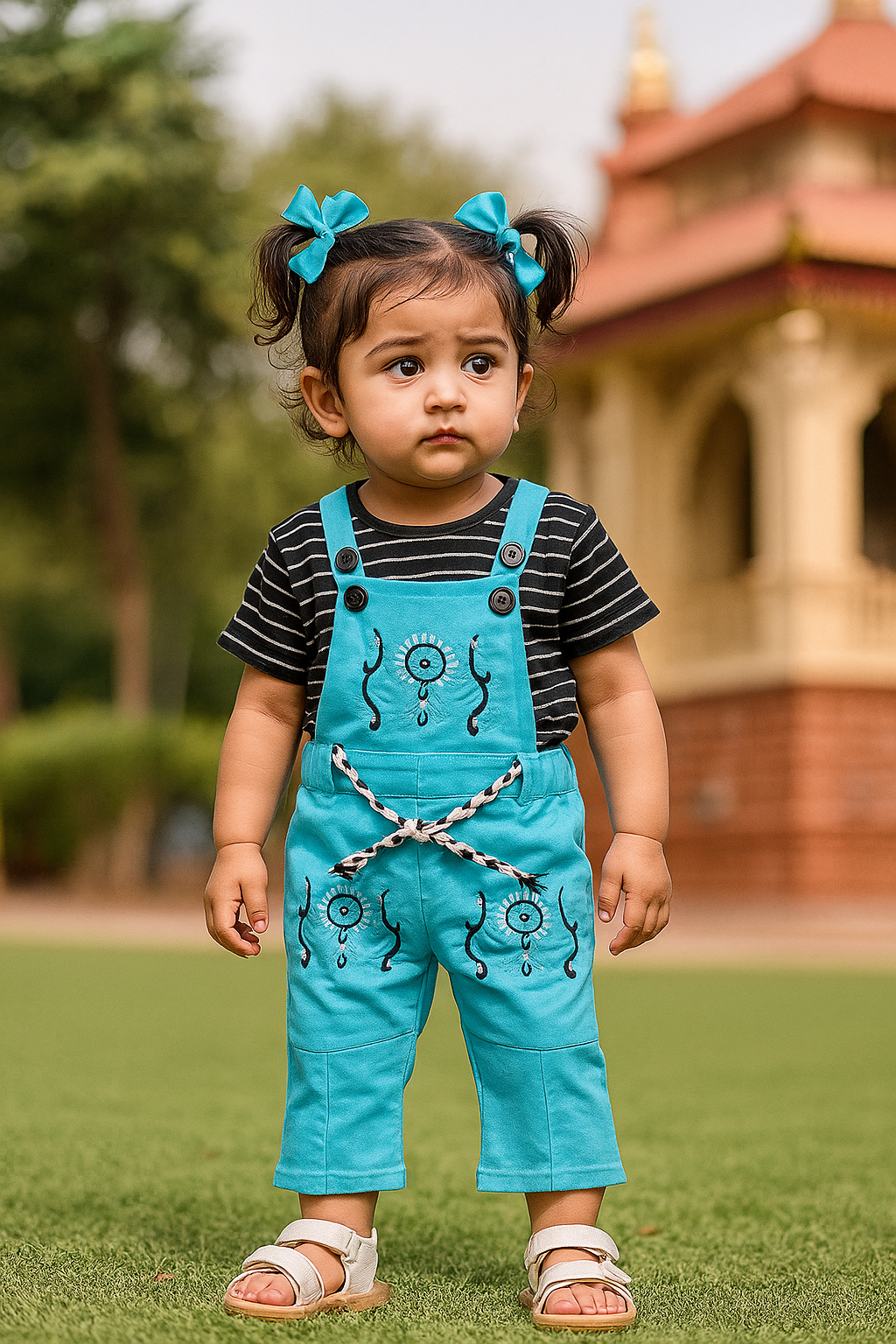 Embroidered Dungaree with Black Striped Tee - 2 pcs girls outfit