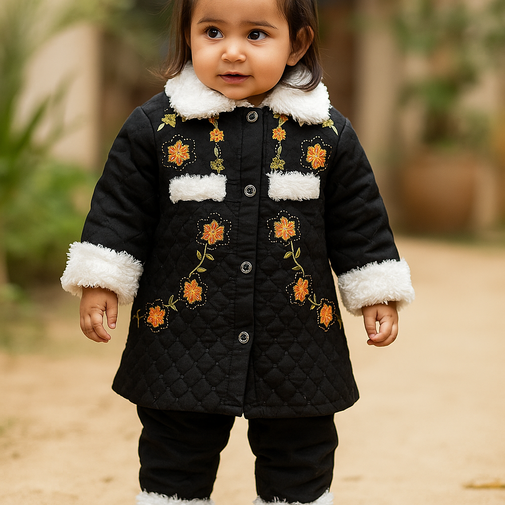 Girls embroided Fur Coat & Pant Set