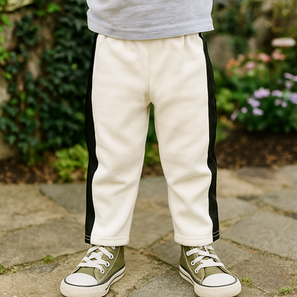 white Track Pants with black Side Stripes