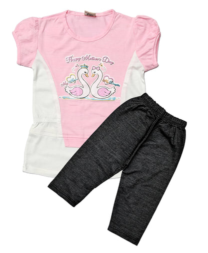 Swan Print Dress with Pants Set