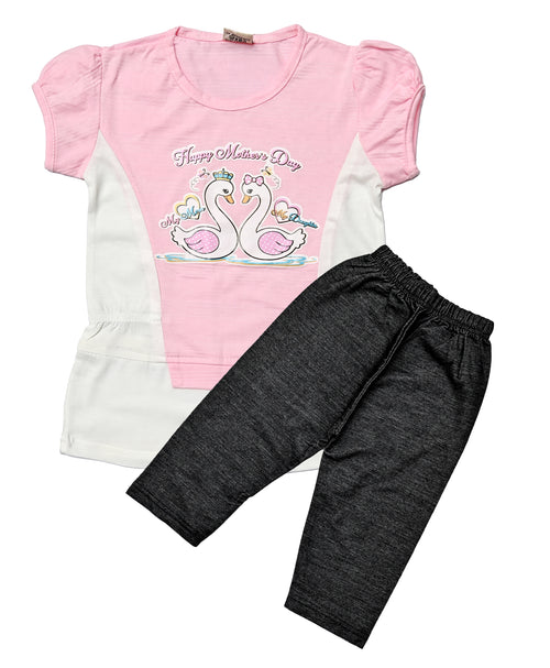 Swan Print Dress with Pants Set