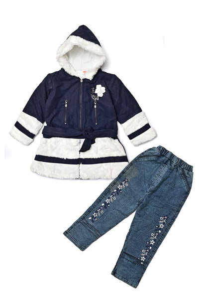 Girls Hooded Fur Coat & Jeans Set