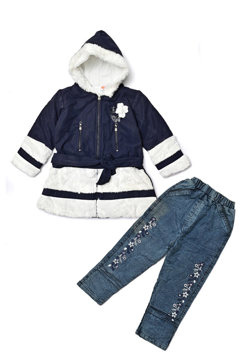 Girls Hooded Fur Coat & Jeans Set