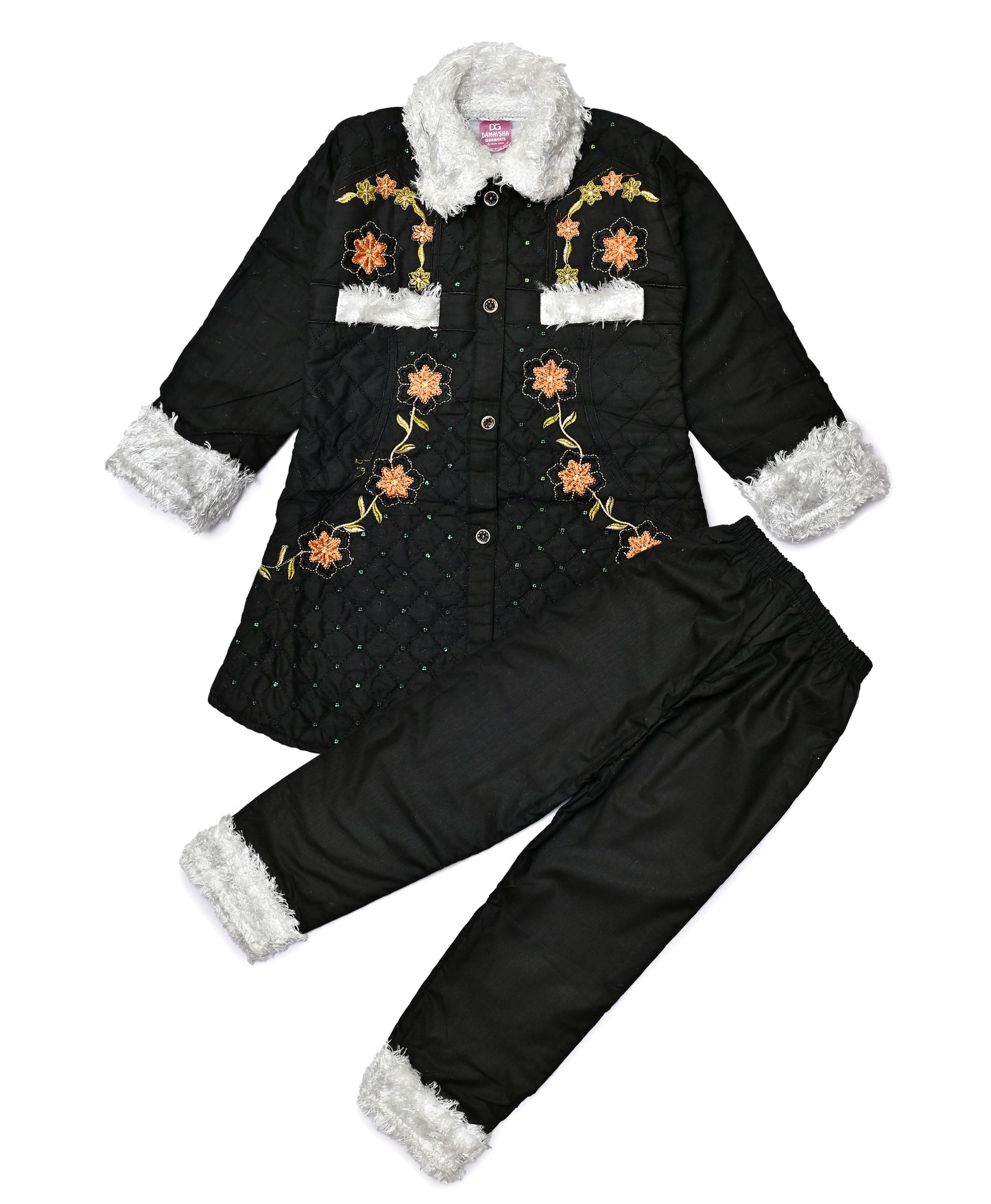 Girls embroided Fur Coat & Pant Set