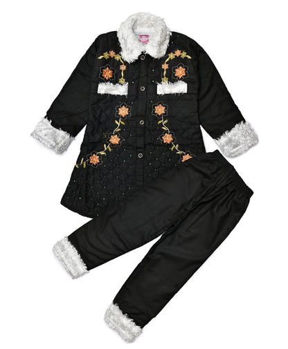 Girls embroided Fur Coat & Pant Set
