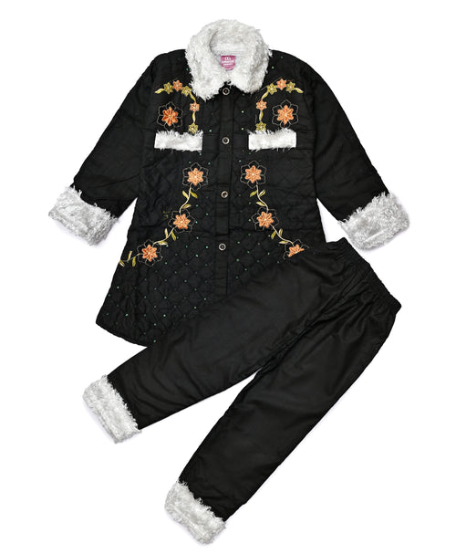 Girls embroided Fur Coat & Pant Set