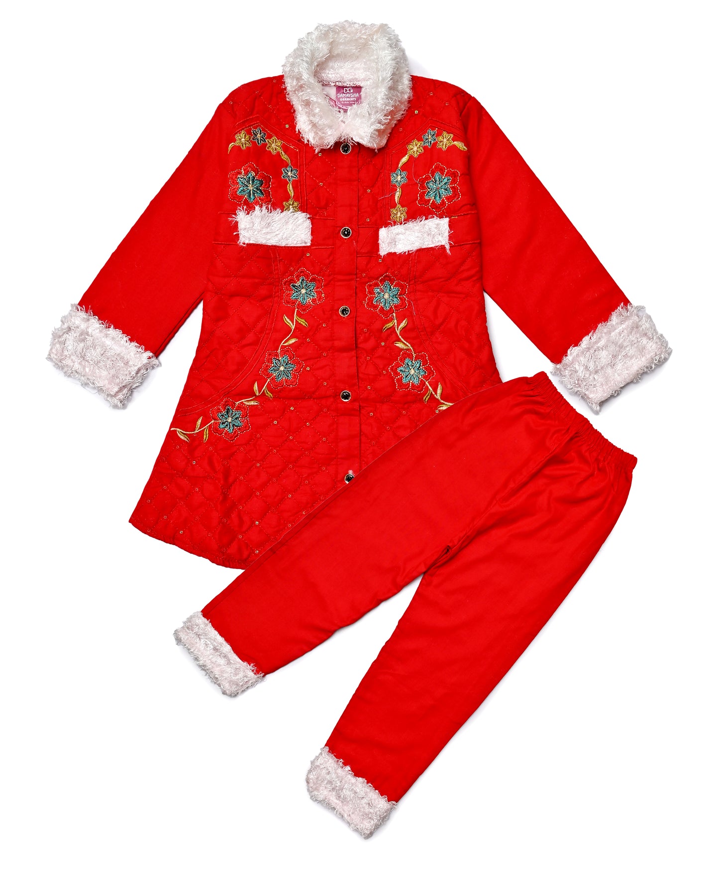 Girls embroided Fur Coat & Pant Set