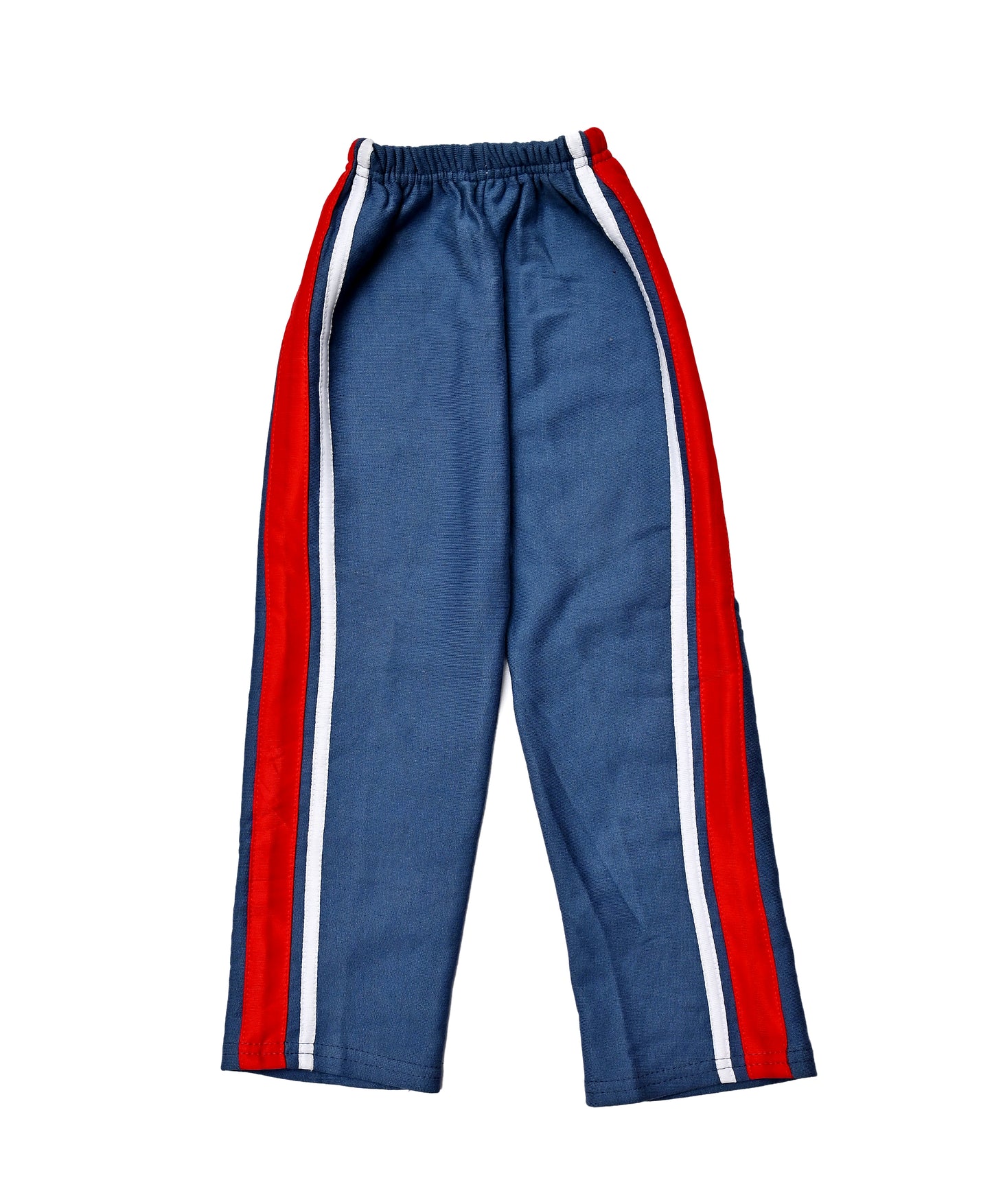 Blue Track Pants with Red & White Side Stripes