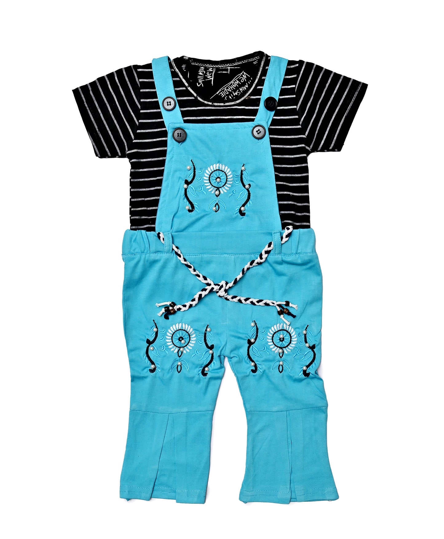 Embroidered Dungaree with Black Striped Tee - 2 pcs girls outfit