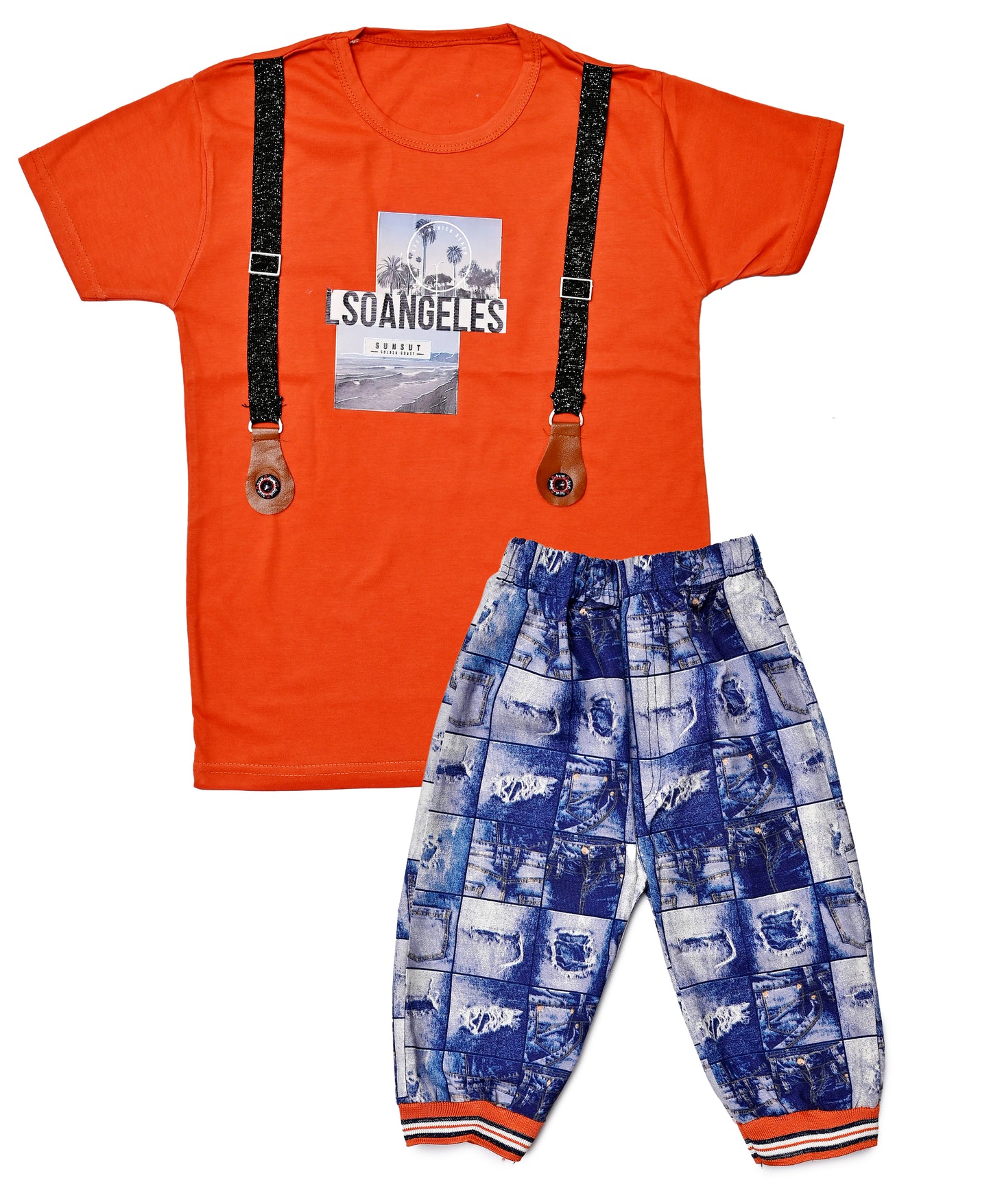 Suspender-Style Graphic T-Shirt & Printed Cotton Pants Set