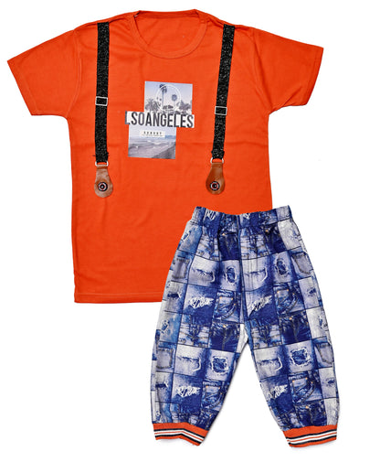 Suspender-Style Graphic T-Shirt & Printed Cotton Pants Set