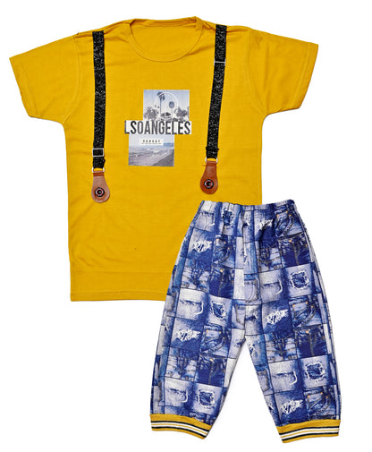 Suspender-Style Graphic T-Shirt & Printed Cotton Pants Set