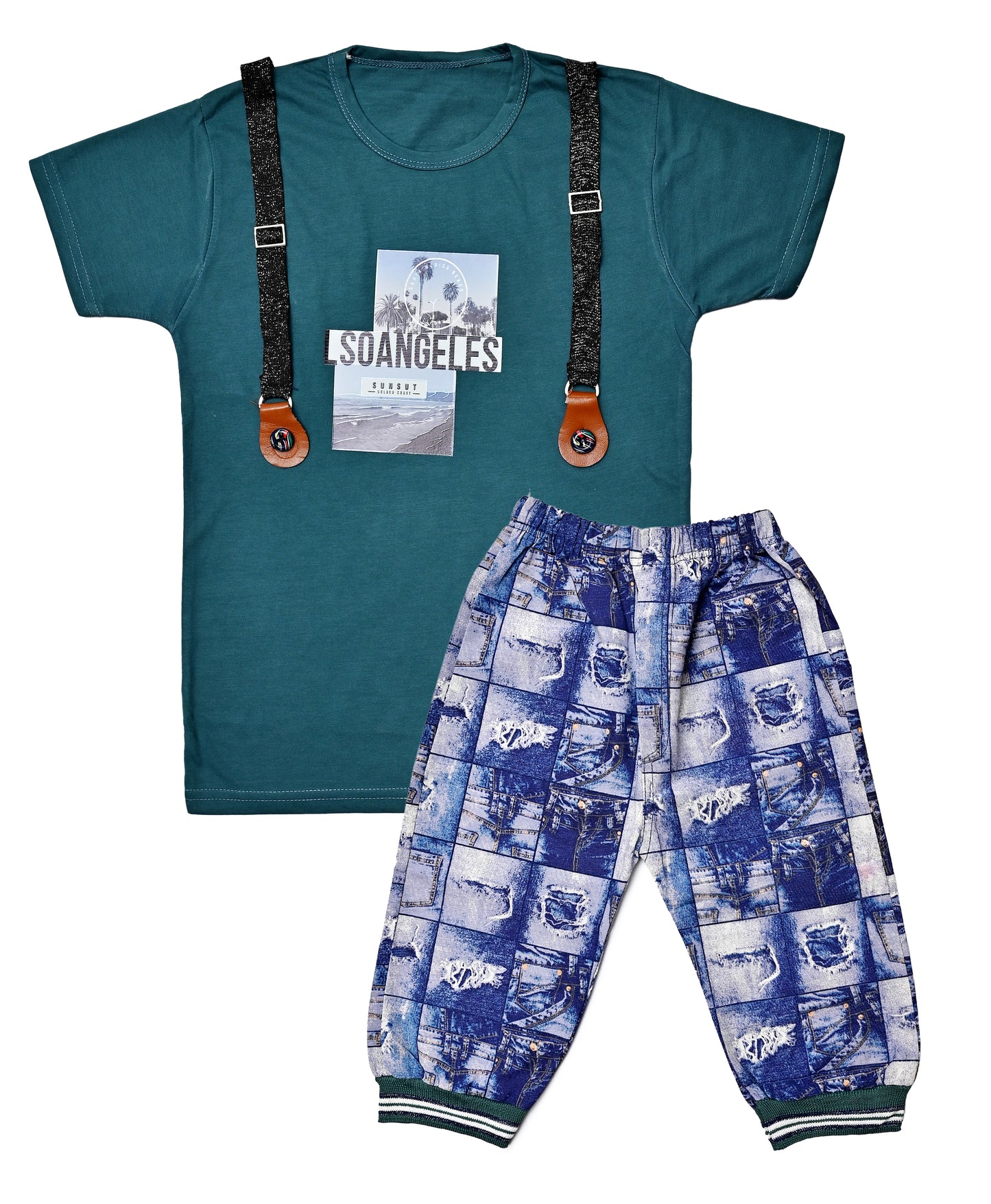 Suspender-Style Graphic T-Shirt & Printed Cotton Pants Set