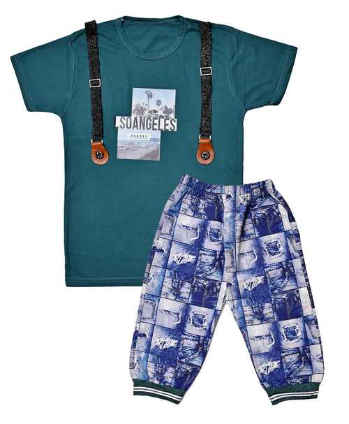 Suspender-Style Graphic T-Shirt & Printed Cotton Pants Set
