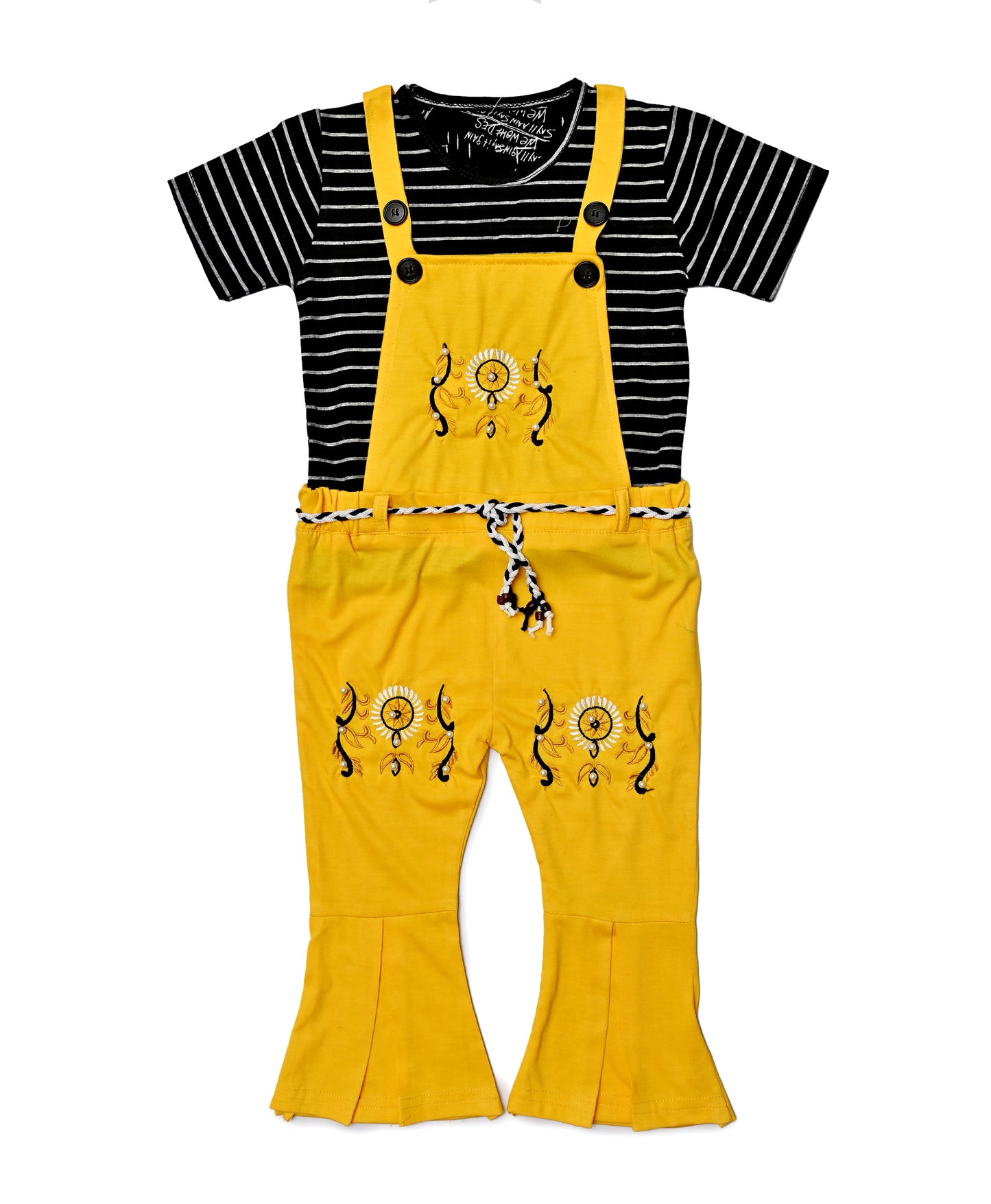 Embroidered Dungaree with Black Striped Tee - 2 pcs girls outfit