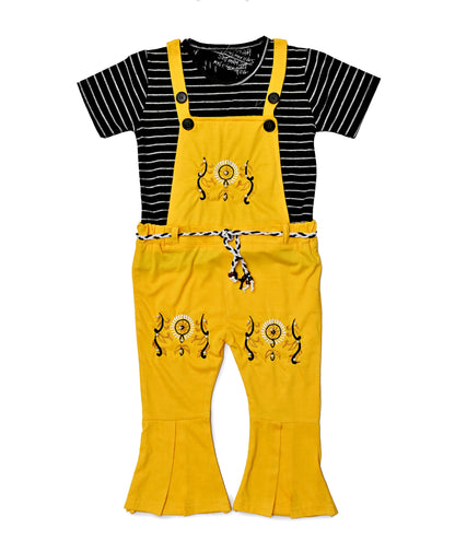 Embroidered Dungaree with Black Striped Tee - 2 pcs girls outfit