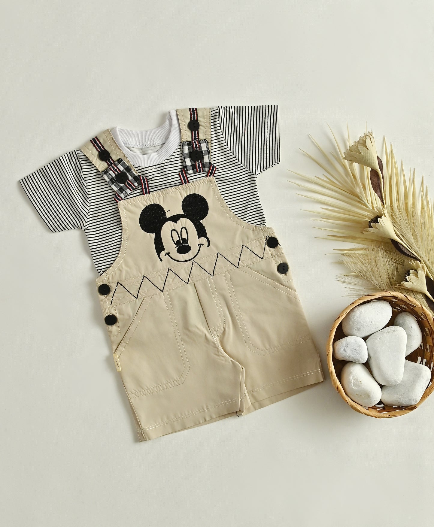 Infant Mickey Mouse Romper | Striped Shirt & Beige romper Set