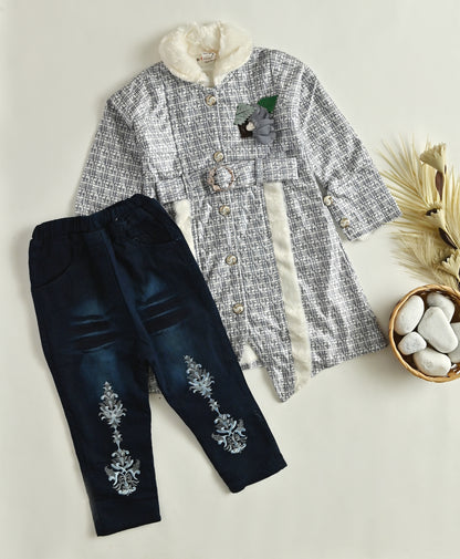 Girls grey Fur Coat & embroided Pant Set