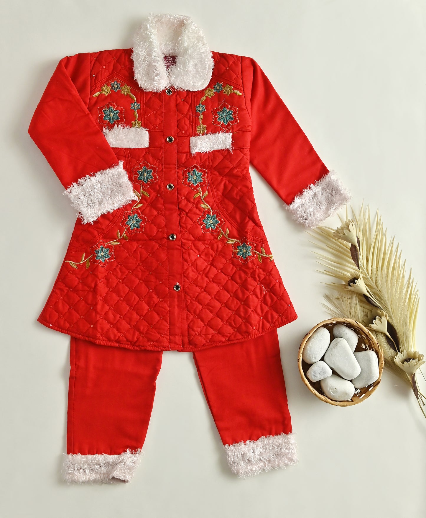 Girls embroided Fur Coat & Pant Set