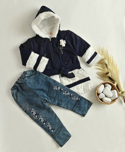 Girls Hooded Fur Coat & Jeans Set