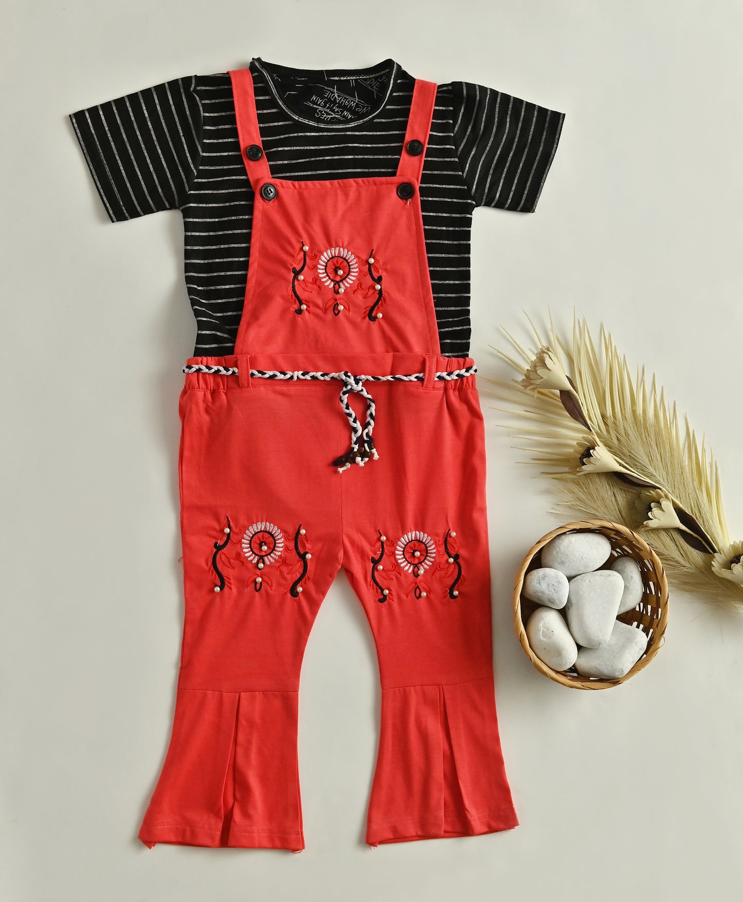 Embroidered Dungaree with Black Striped Tee - 2 pcs girls outfit