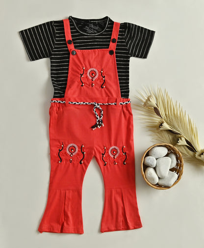 Embroidered Dungaree with Black Striped Tee - 2 pcs girls outfit