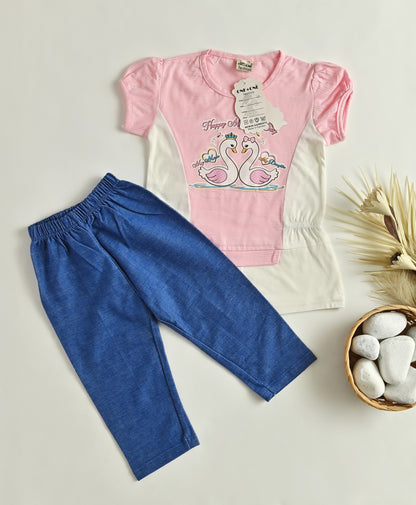 Swan Print Dress with Pants Set