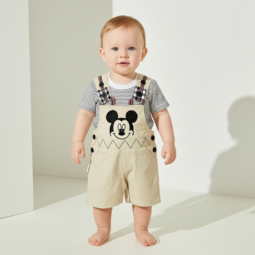 Infant Mickey Mouse Romper | Striped Shirt & Beige romper Set